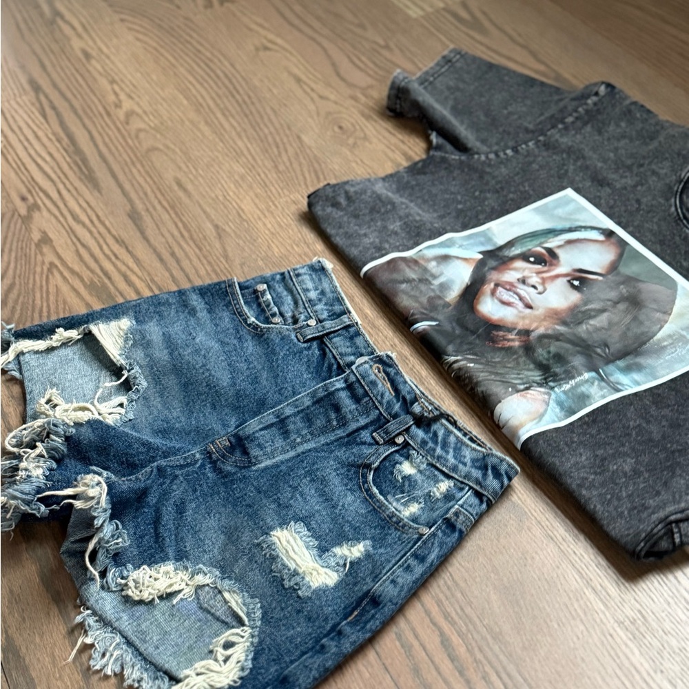 Distressed Denim Shorts & Graphic Tee